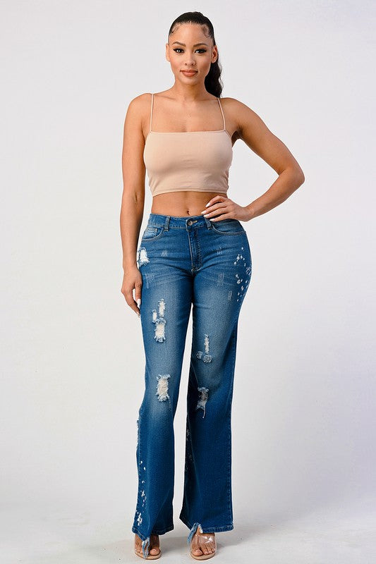 DISTRESSED SPOTTED ACID WASH STRIGHT LEG JEANS