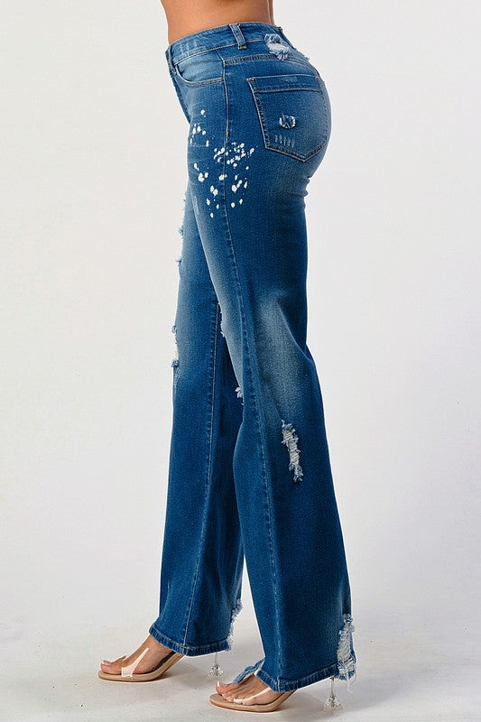 DISTRESSED SPOTTED ACID WASH STRIGHT LEG JEANS