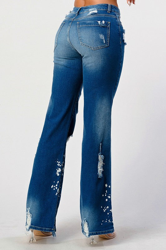 DISTRESSED SPOTTED ACID WASH STRIGHT LEG JEANS