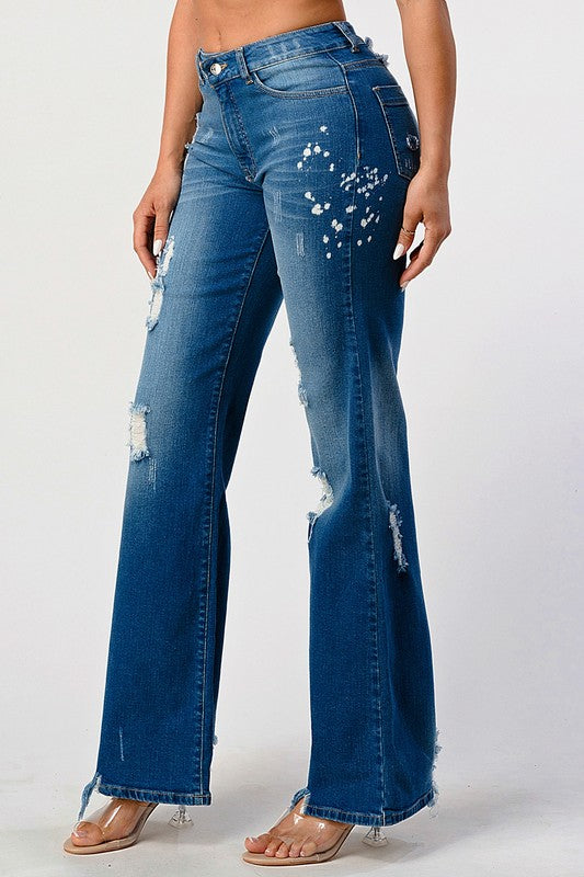 DISTRESSED SPOTTED ACID WASH STRIGHT LEG JEANS