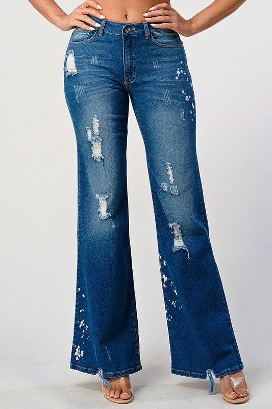 DISTRESSED SPOTTED ACID WASH STRIGHT LEG JEANS