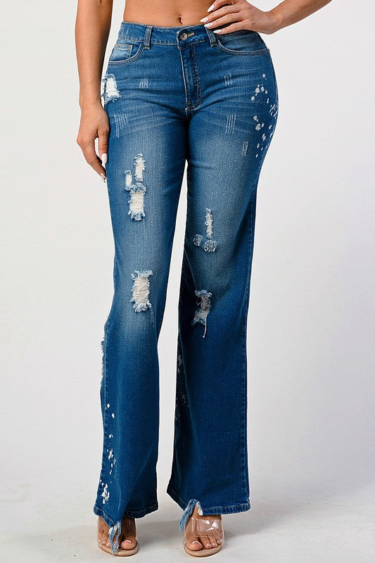 DISTRESSED SPOTTED ACID WASH STRIGHT LEG JEANS