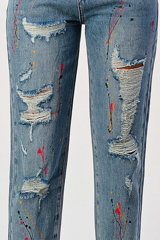 DISTRESSED SPLASHED PAINT LOOSE FIT MOM JEAN