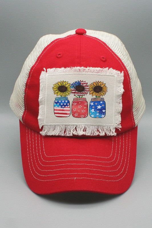 3 Patriotic Mason Jars Sunflowers Trucker Hat