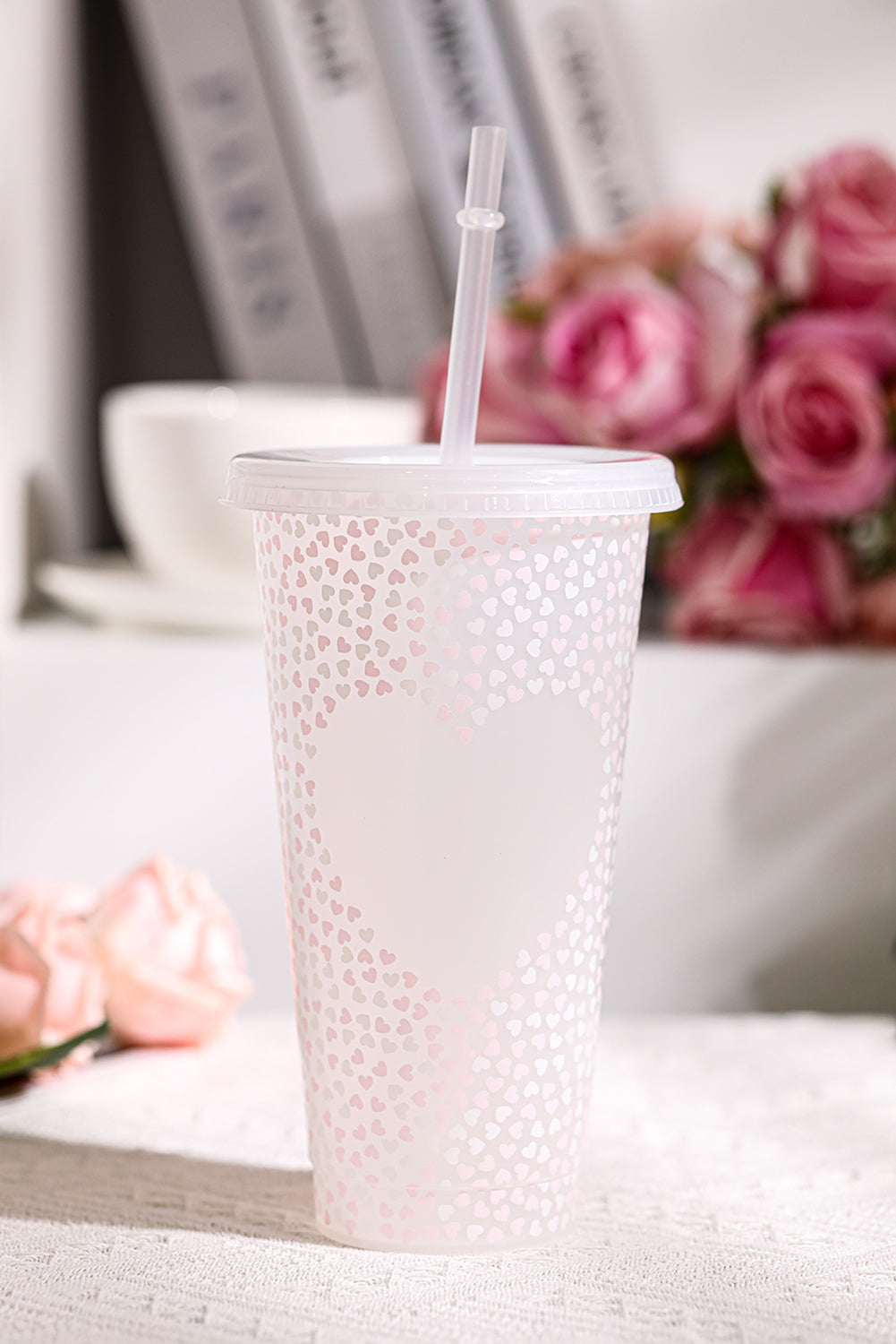 5pcs/pack Valentine Heart Print Plastic Straw Cup