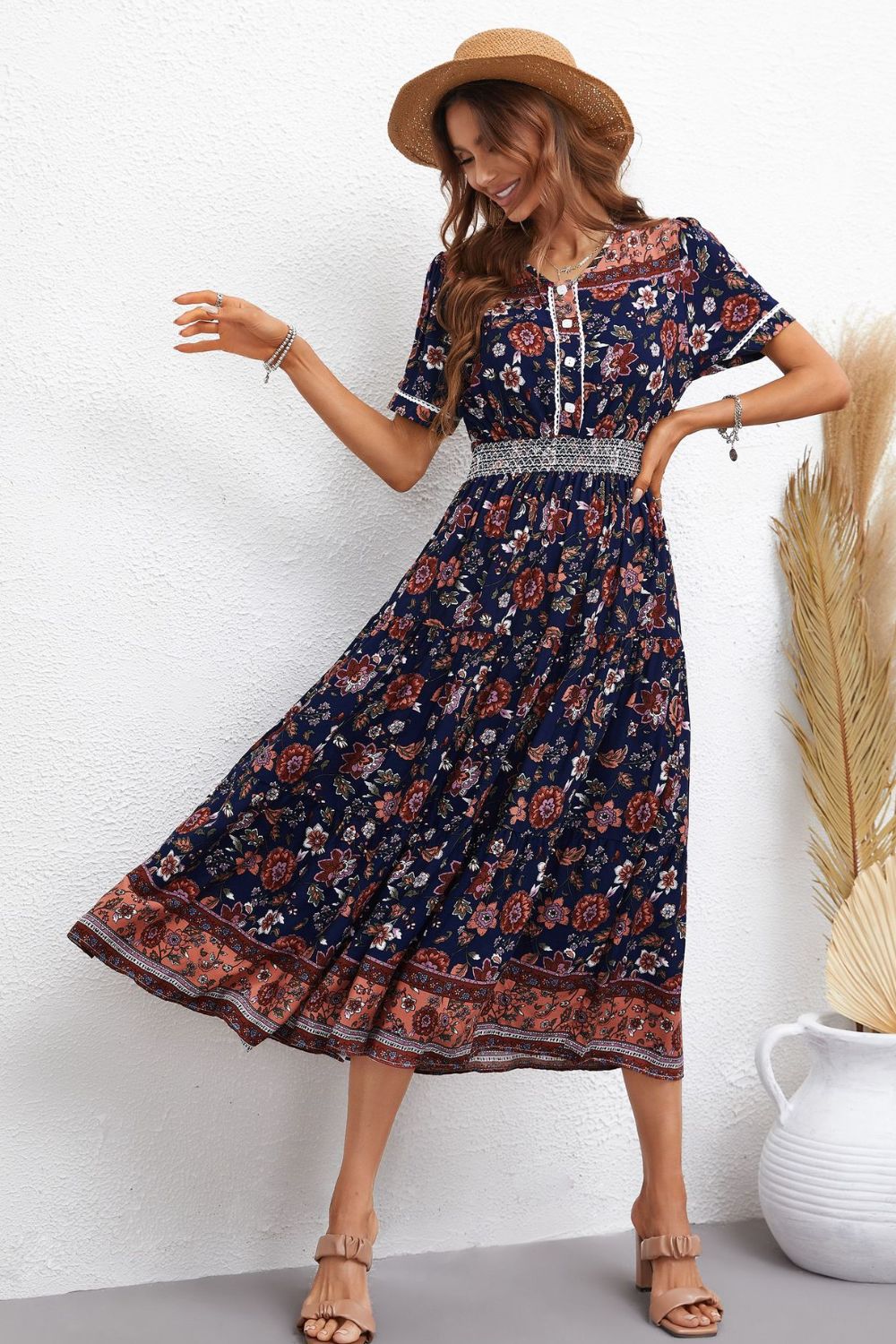 Bohemian Short Sleeve V-Neck Midi Dress