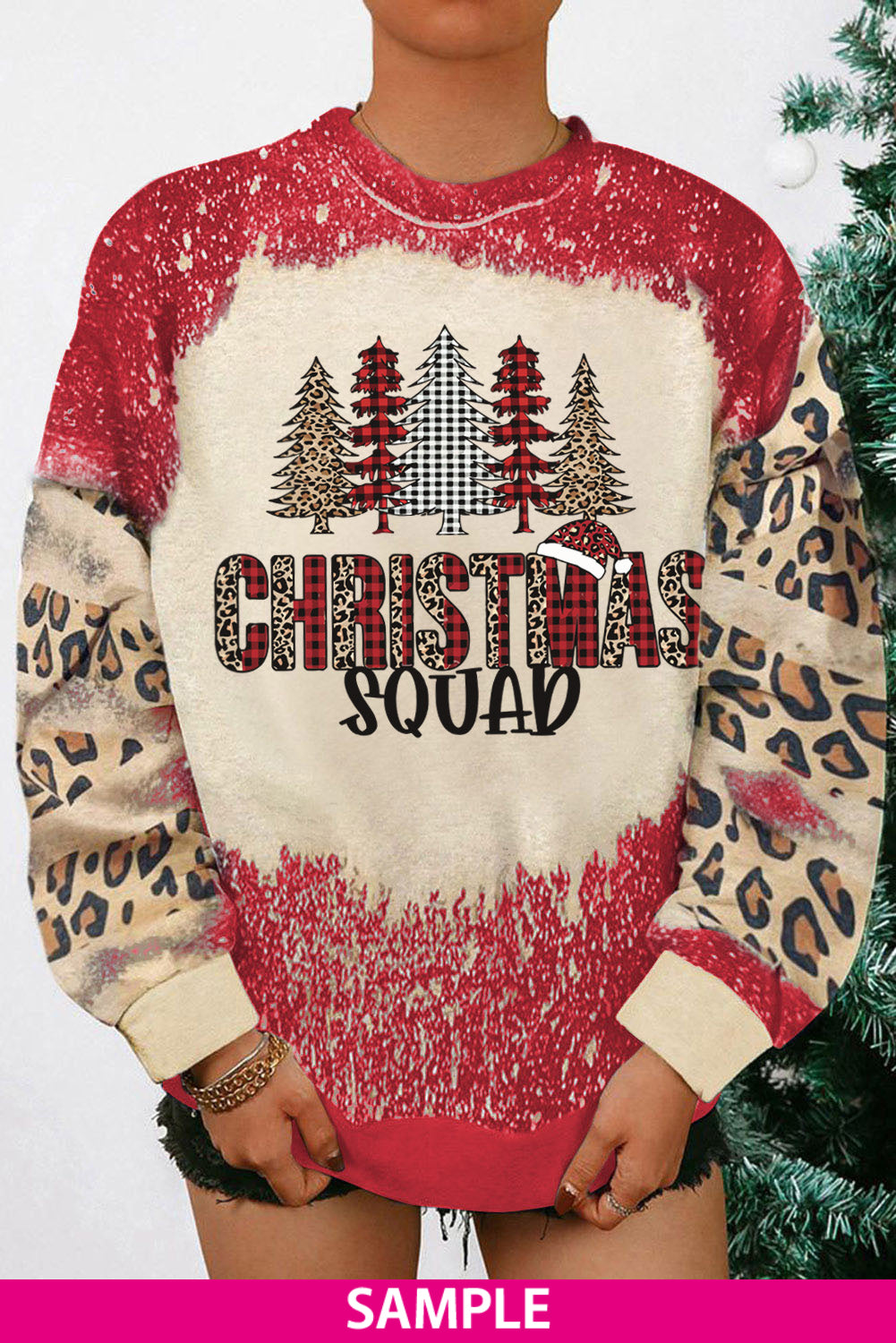 Merry Christmas Multi Tree Print Leopard Sleeve Sweatshirt