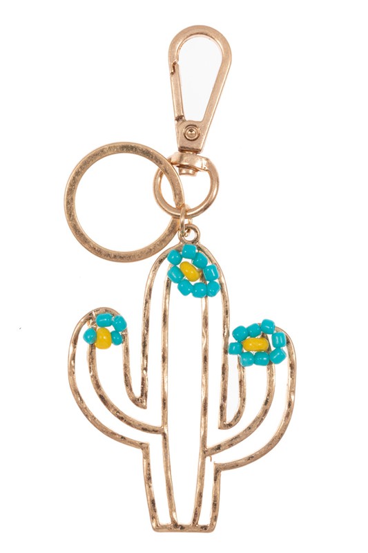 Metal Cactus with Seed Bead Flower Keychain