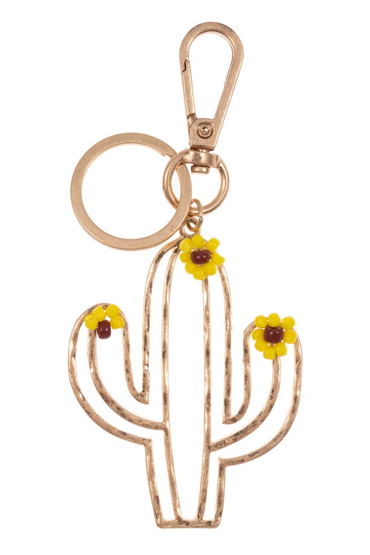 Metal Cactus with Seed Bead Flower Keychain