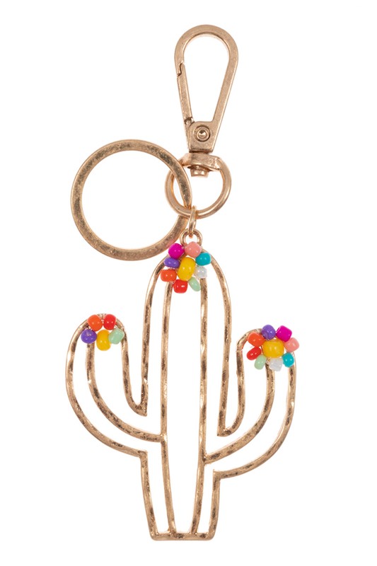 Metal Cactus with Seed Bead Flower Keychain