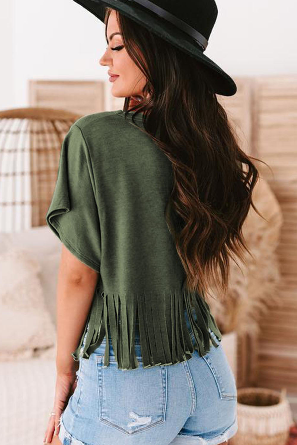 Fringe Hem V Neck T Shirt