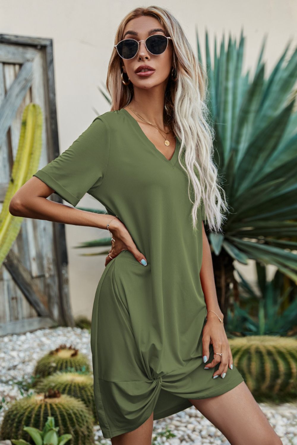 Twisted V-Neck Short Sleeve Dress