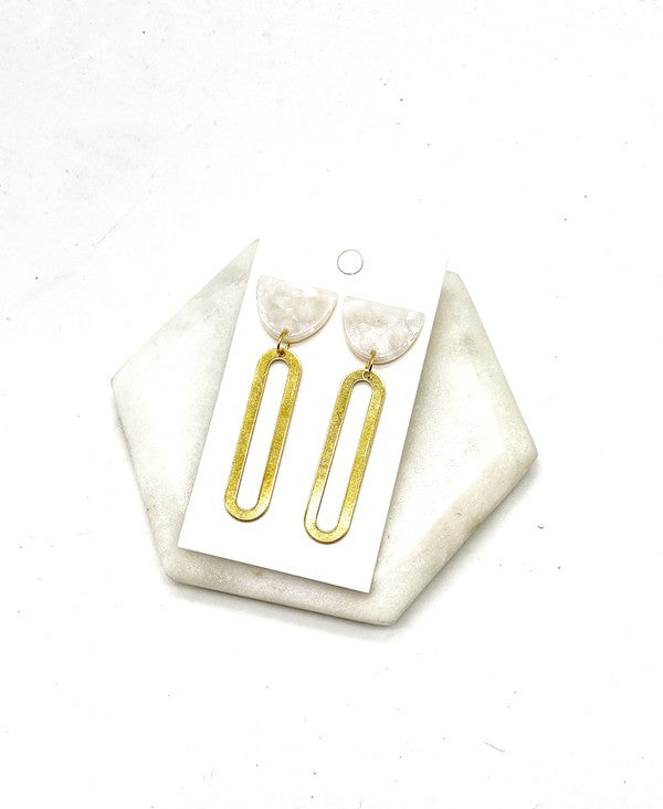 Ivory White Gold Oval Acrylic Metal Earrings