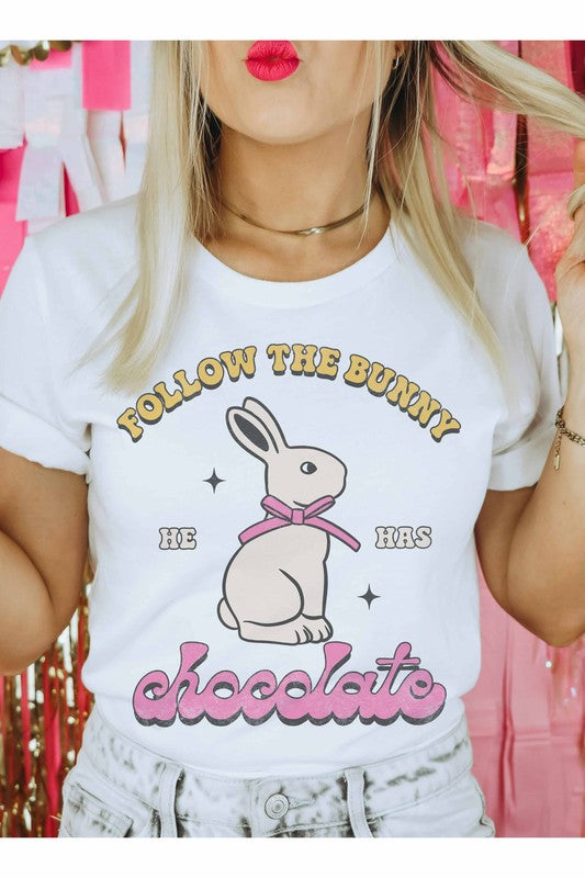 FOLLOW THE BUNNY HE HAS CHOCOLATE GRAPHIC TEE