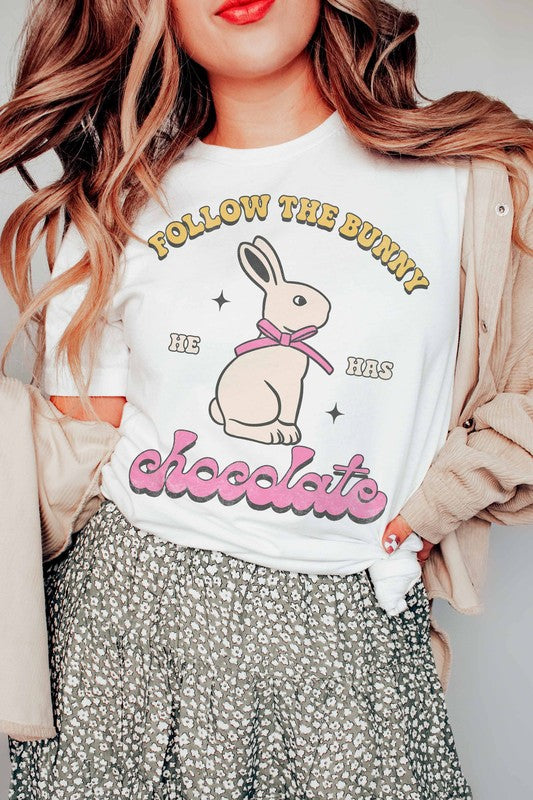 FOLLOW THE BUNNY HE HAS CHOCOLATE GRAPHIC TEE