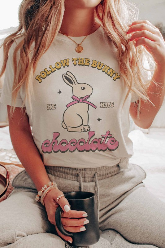 FOLLOW THE BUNNY HE HAS CHOCOLATE GRAPHIC TEE