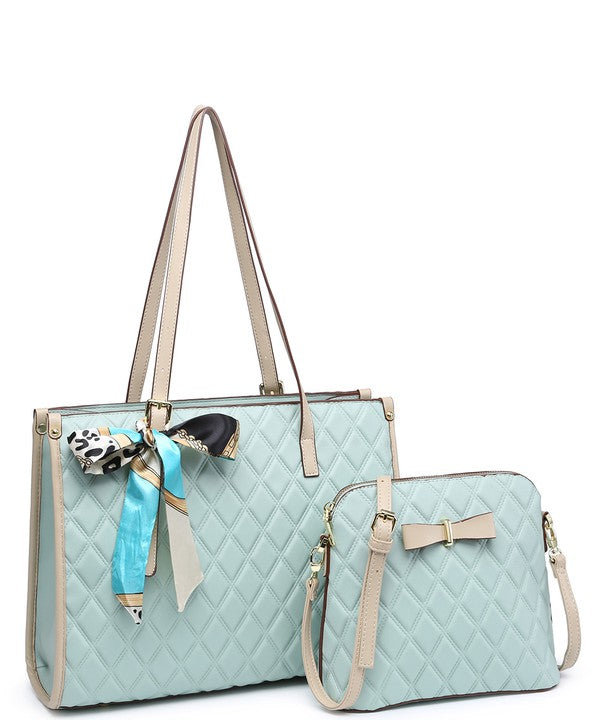 2In1 Quilted Tote Bag with Ribbon Scarf Set 716545