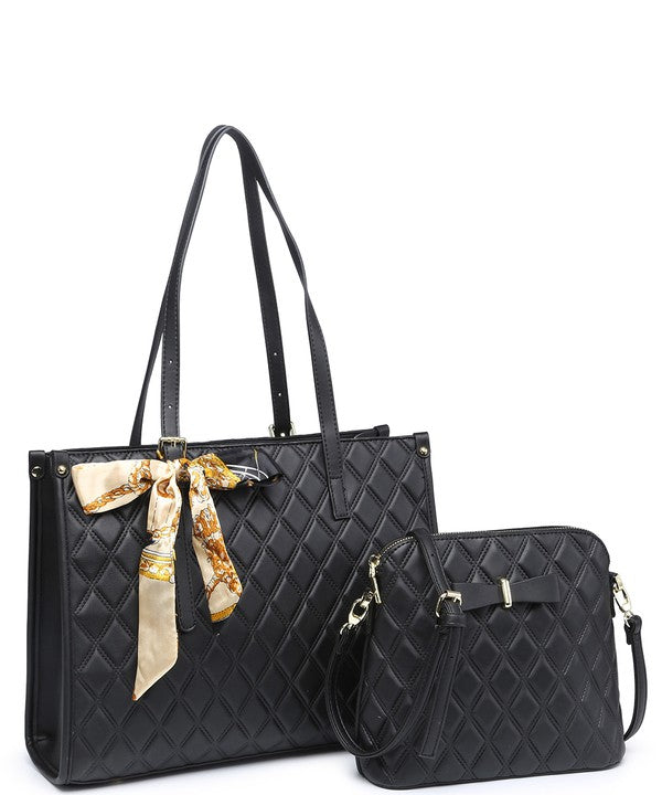 2In1 Quilted Tote Bag with Ribbon Scarf Set 716545