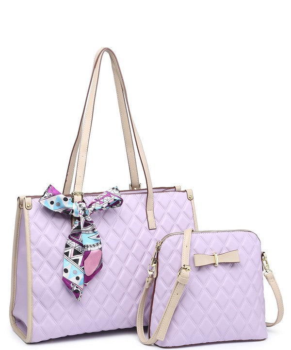 2In1 Quilted Tote Bag with Ribbon Scarf Set 716545