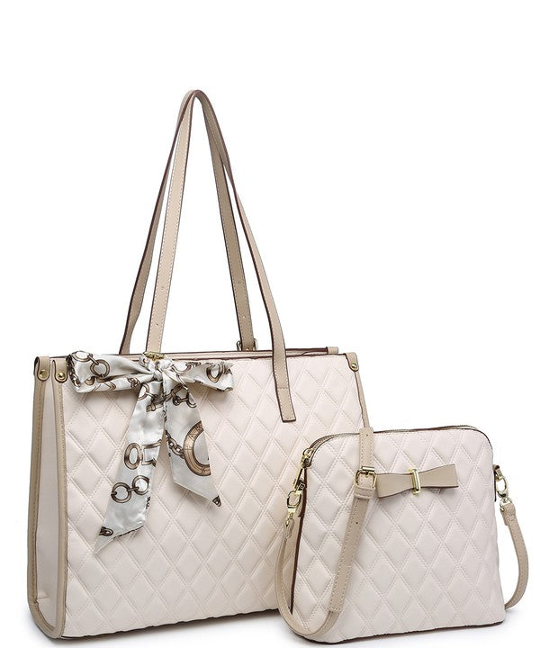 2In1 Quilted Tote Bag with Ribbon Scarf Set 716545