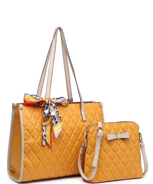 2In1 Quilted Tote Bag with Ribbon Scarf Set 716545