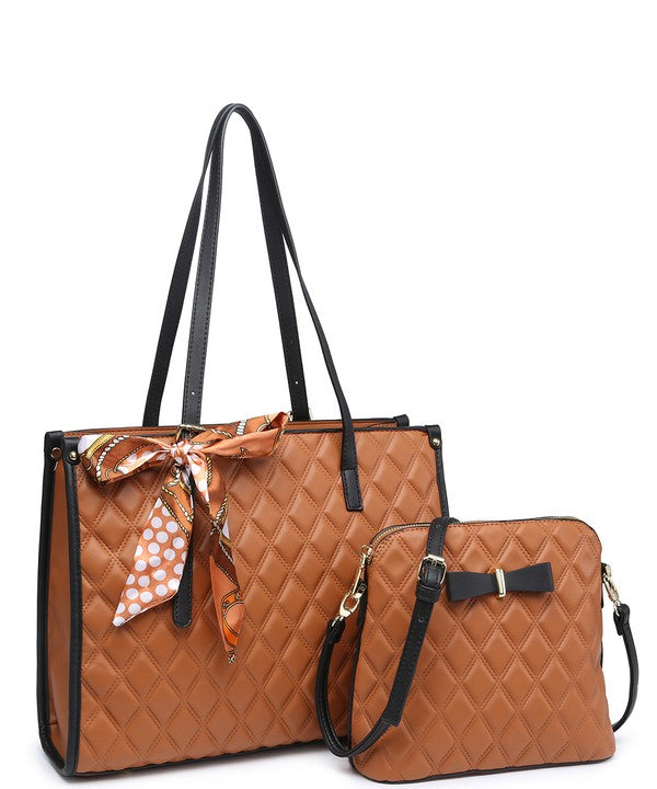 2In1 Quilted Tote Bag with Ribbon Scarf Set 716545