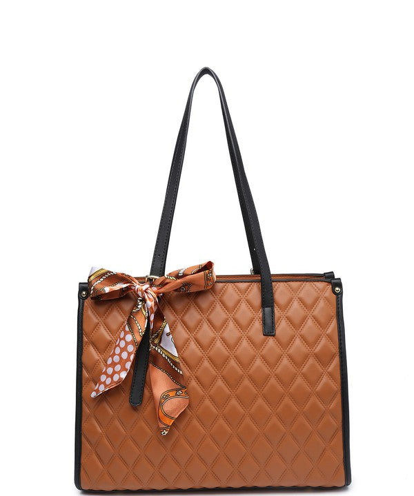 2In1 Quilted Tote Bag with Ribbon Scarf Set 716545