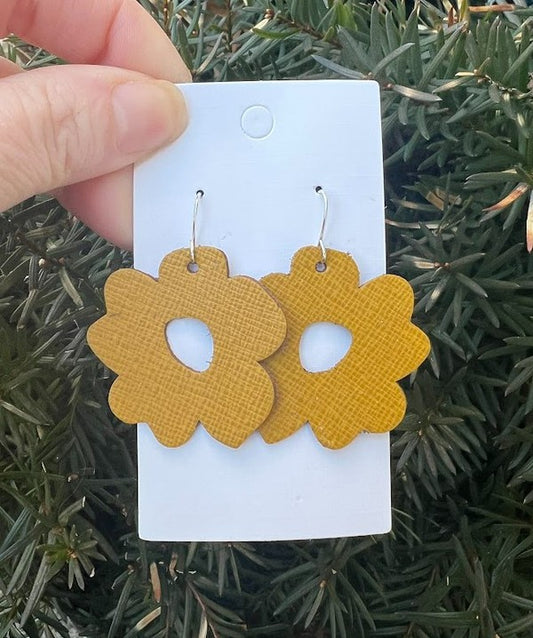 Yellow Mustard Blossom Flower Leather Earrings