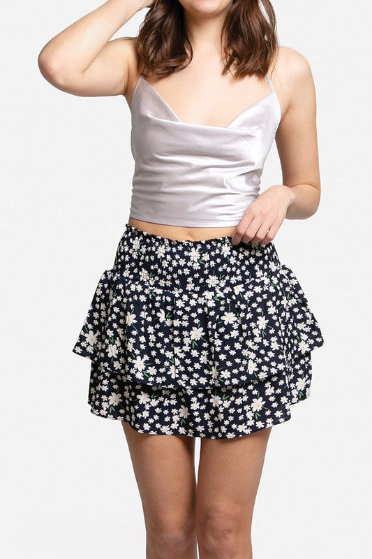 Daisy Pattern Ruffle Tiered Mini Skirt