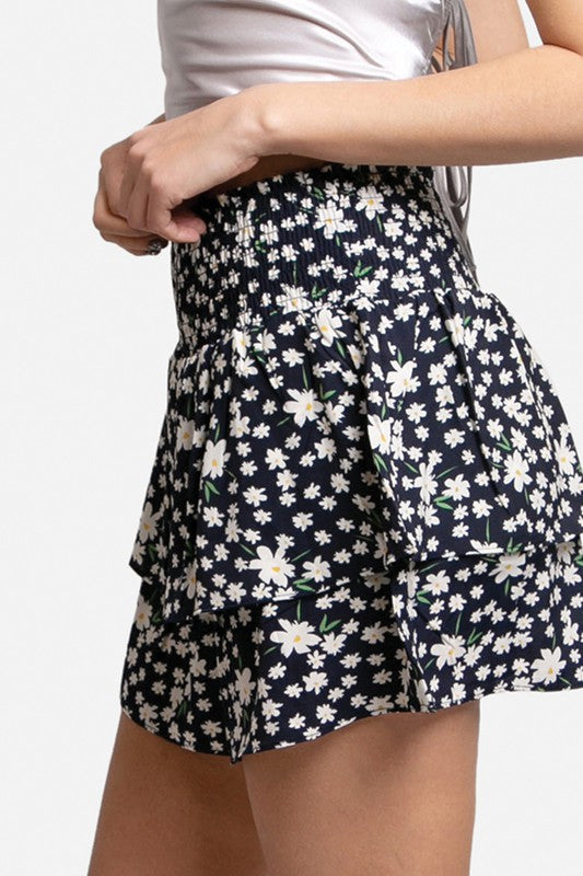 Daisy Pattern Ruffle Tiered Mini Skirt