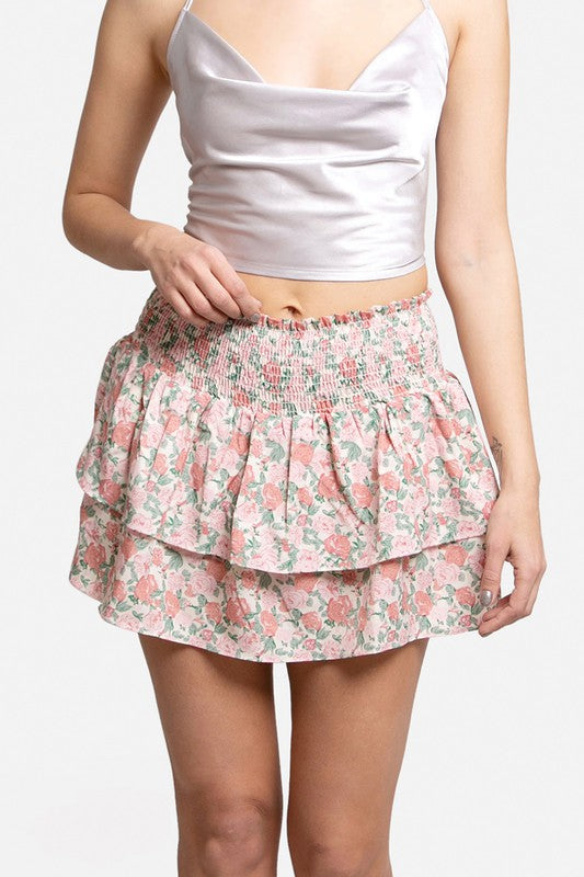 Rose Pattern Ruffle Tiered Mini Skirt