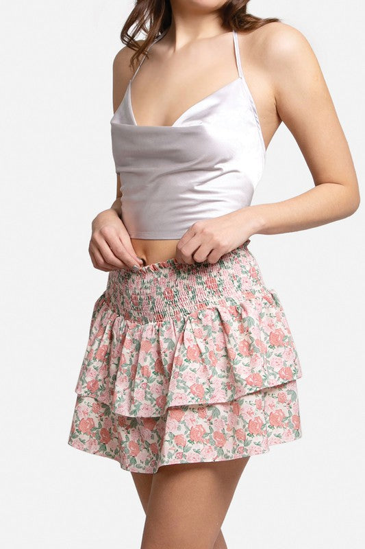 Rose Pattern Ruffle Tiered Mini Skirt