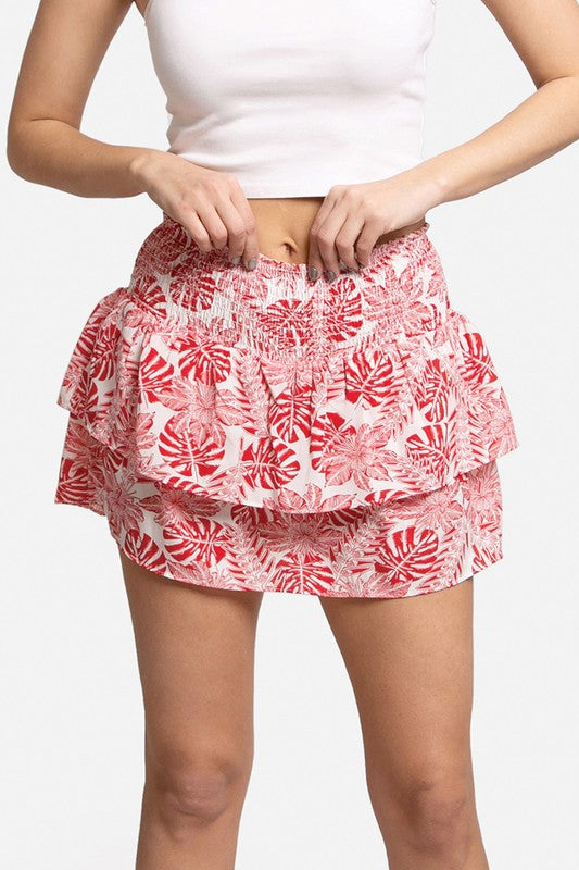 Solid Leaves Ruffle Tiered Mini Skirt