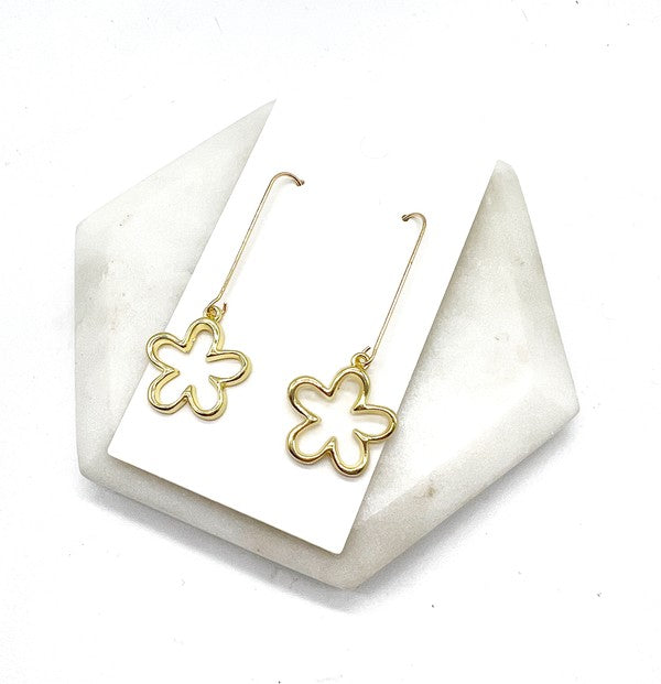 Gold Daisy Flower Long Drop Earrings