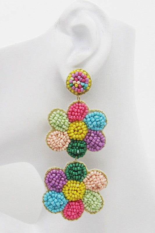 Seed Beaded Linked Flowers Earring