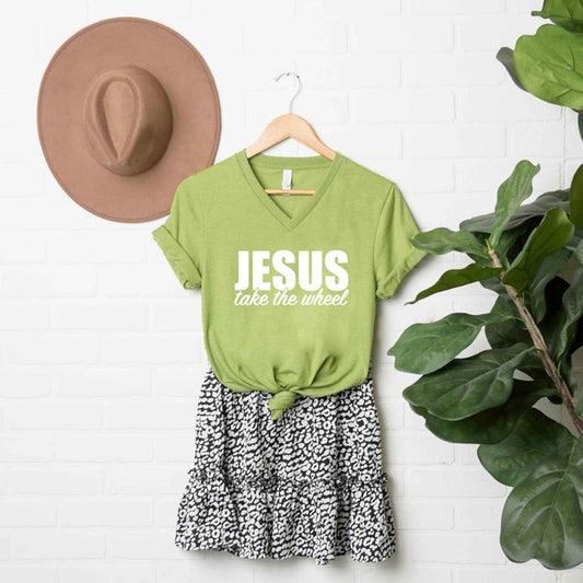 Jesus Take The Wheel V-Neck Graphic Tee