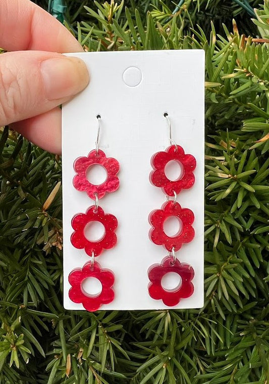 Berry Red Blossom Flower Trio Acrylic Earrings