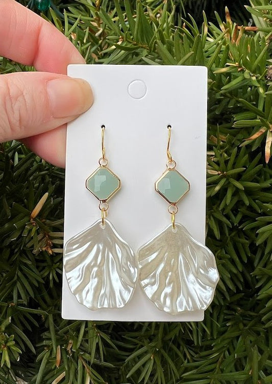 Sage Green Shell Seashell Statement Earrings