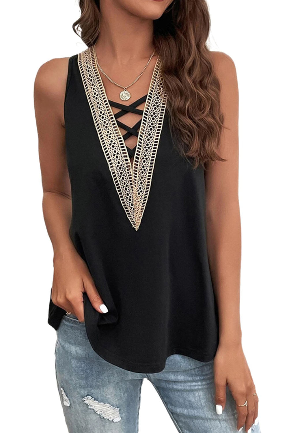 Crisscross Contrast Lace Hollowed V Neck Tank Top