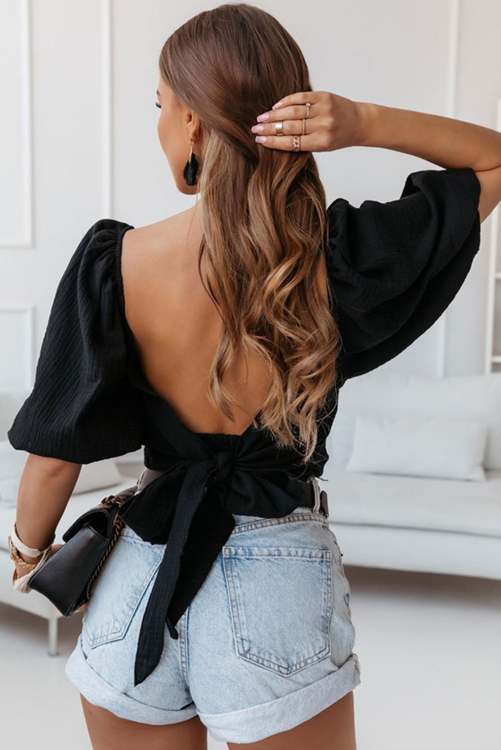 Square Neck Puff Sleeves Backless Crop Top with Tie