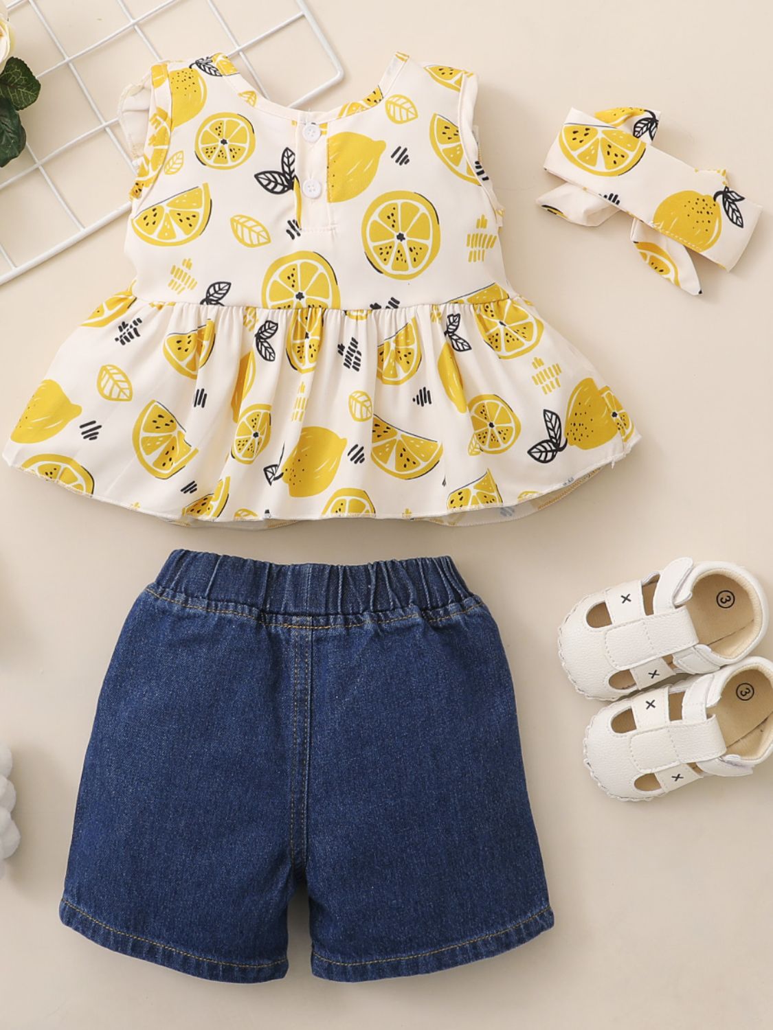 Girls Lemon Print Sleeveless Top and Distressed Denim Shorts Set