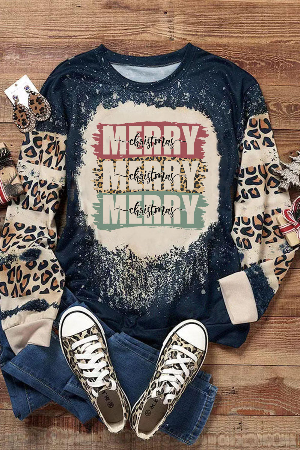 Merry Christmas Multi Tree Print Leopard Sleeve Sweatshirt