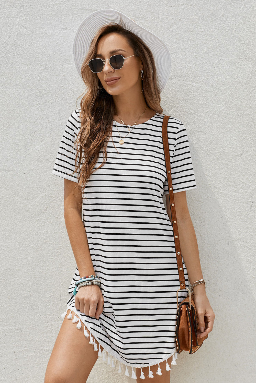 Striped Tassel Round Neck T-Shirt Dress