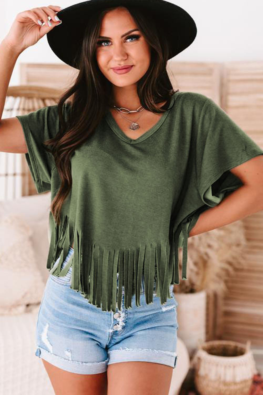 Fringe Hem V Neck T Shirt