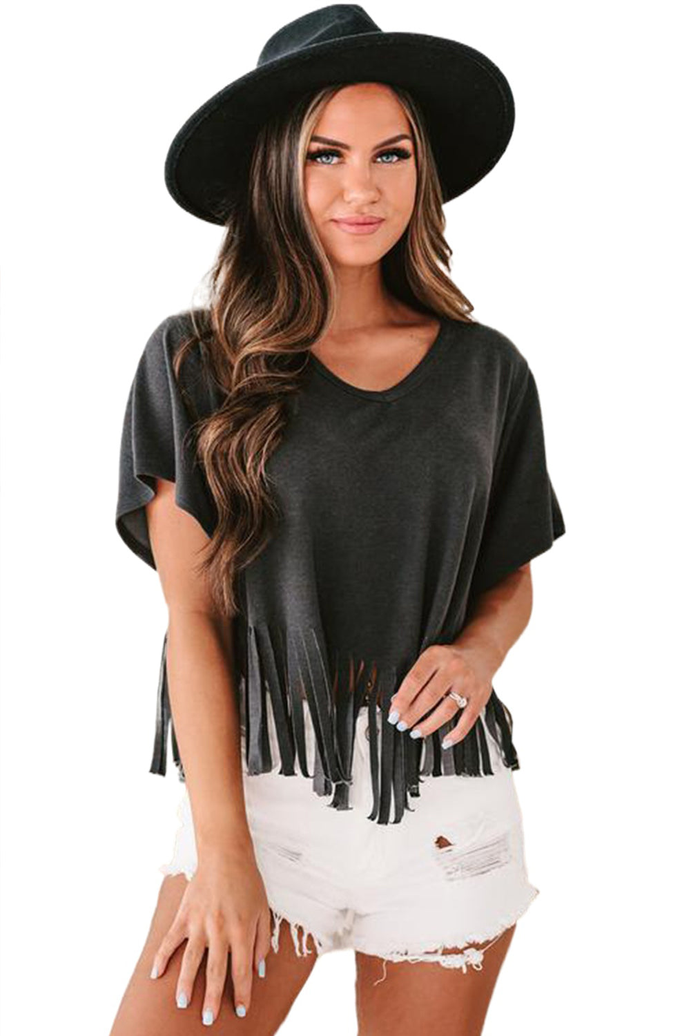 Fringe Hem V Neck T Shirt