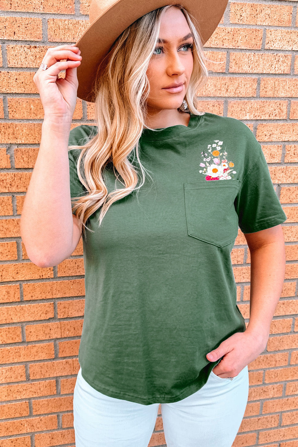 Embroidered Round Neck Pocket Tee