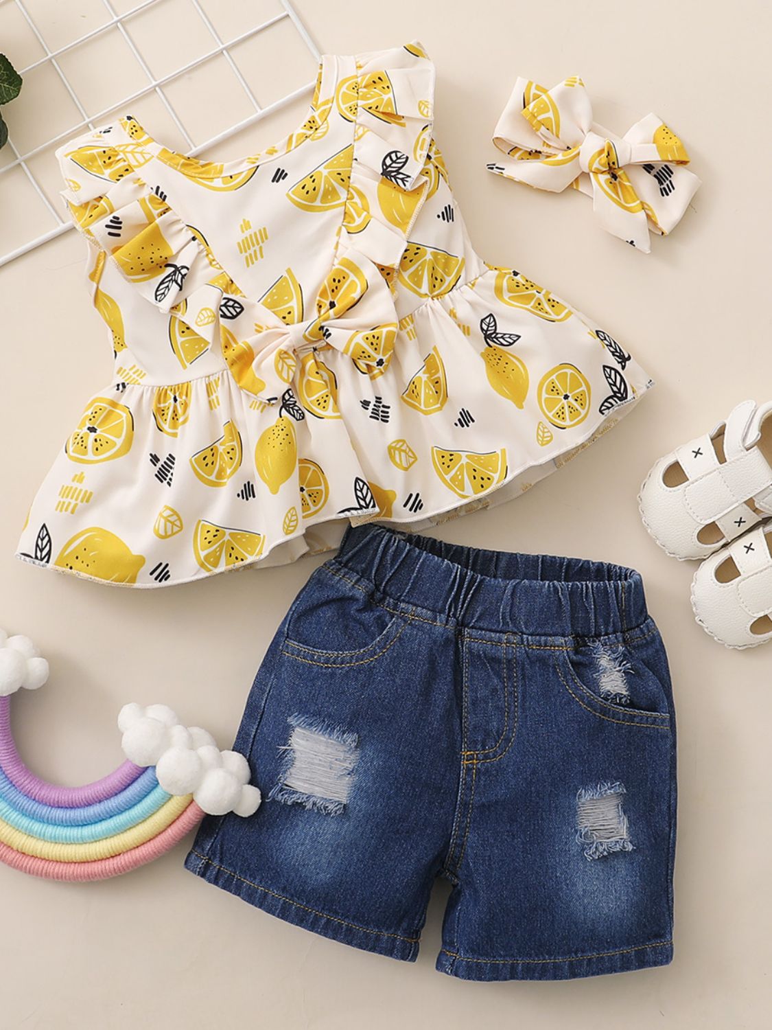 Girls Lemon Print Sleeveless Top and Distressed Denim Shorts Set