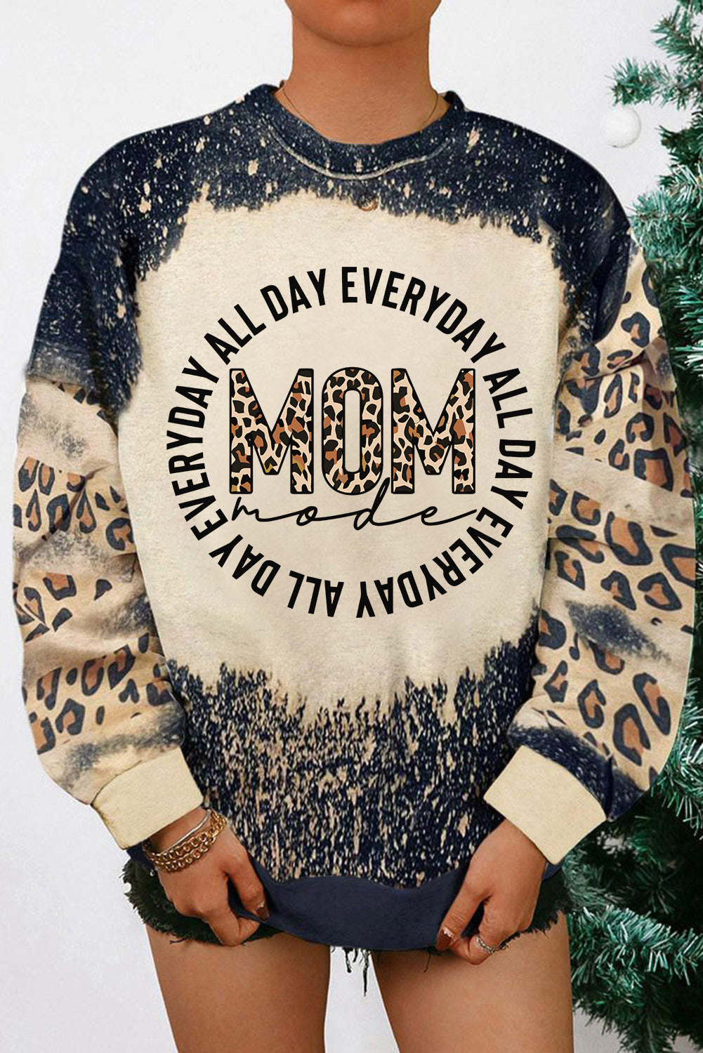 Merry Christmas Multi Tree Print Leopard Sleeve Sweatshirt