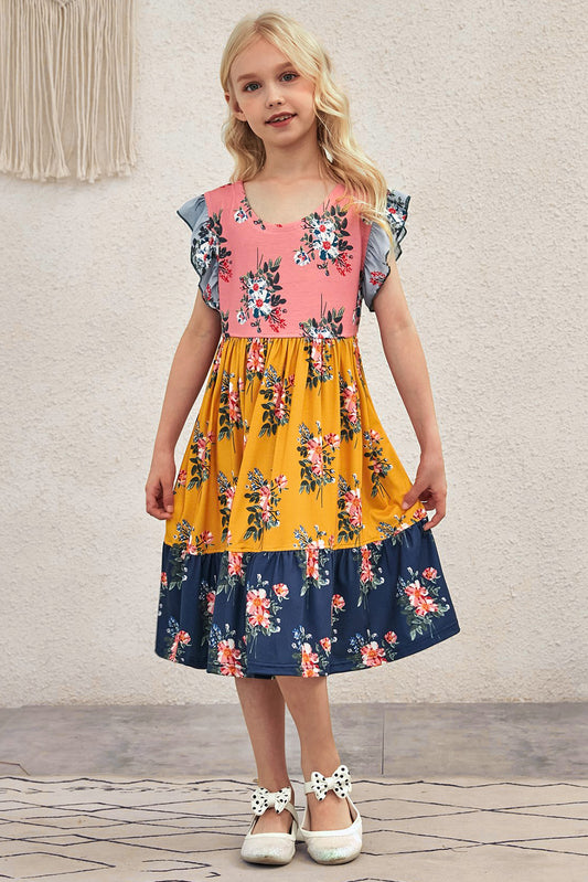 Girls Floral Color Block Flutter Sleeve Dress