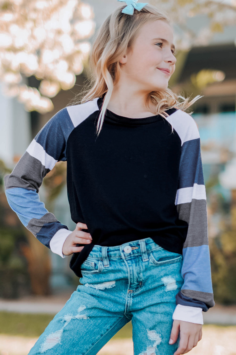 Girls Striped Raglan Sleeve Round Neck Top